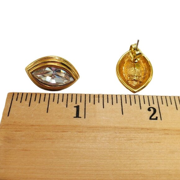 Vtg Signed Monet Earrings Post Faceted Crystal Rhinestone .75" Gold Tone Pierced - Picture 6 of 8